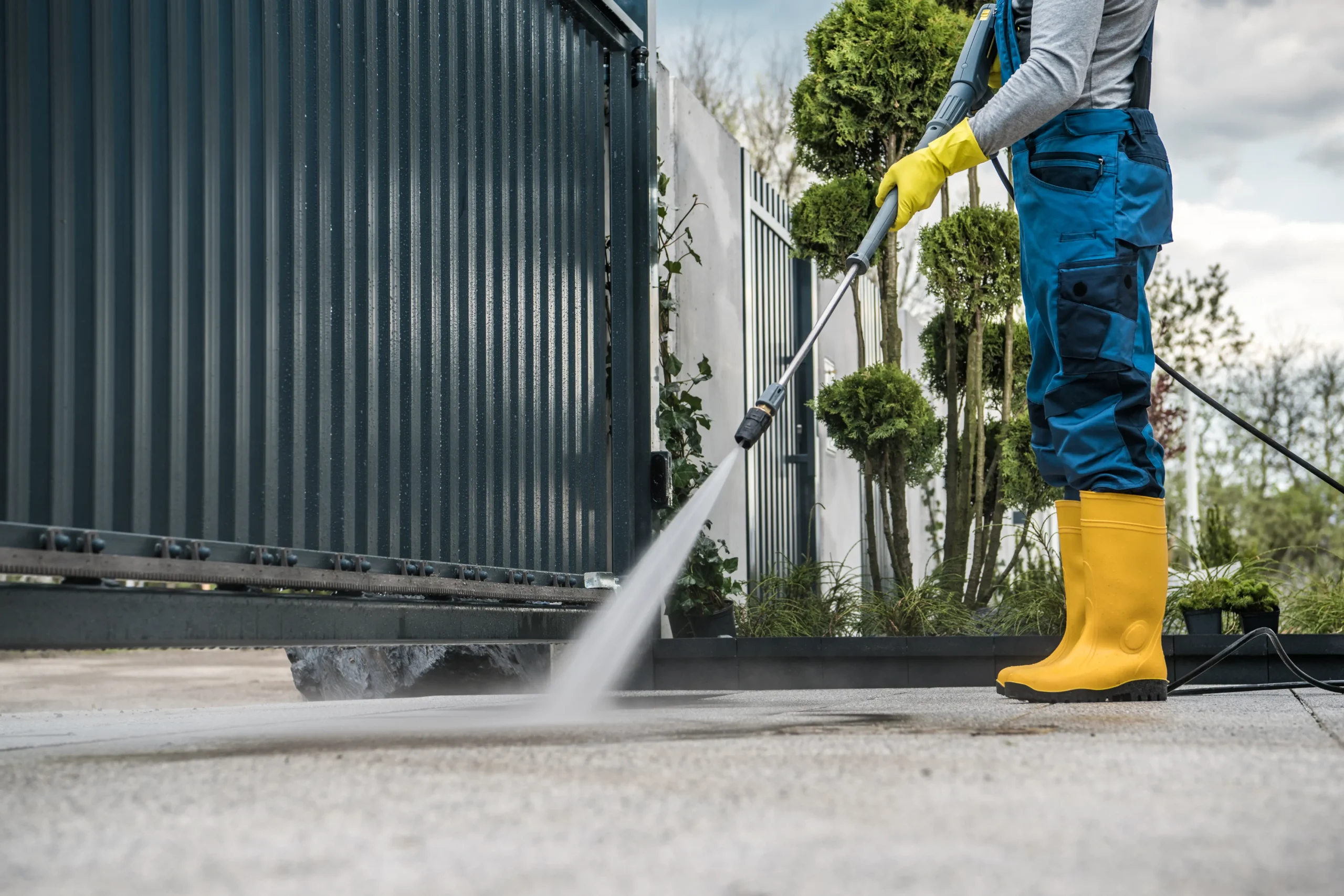 Person pressure washing driveway with high-pressure water spray.